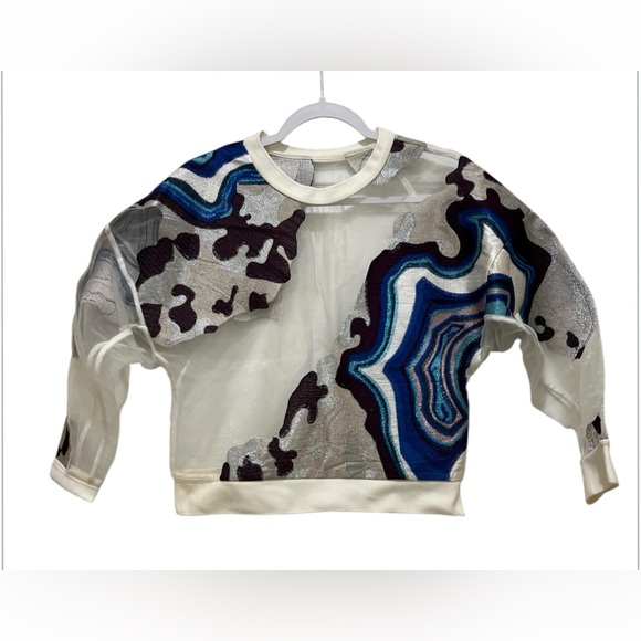 Philip Lim women’s semi sheer long sleeve embroidered mesh white abstract blouse - Picture 1 of 3